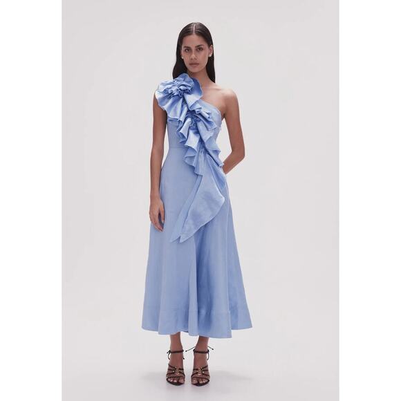 NEW Aje Adelia Ruffle Midi Dress AU 10 US 6 Light Sky Blue One Shoulder Midi - Picture 6 of 15